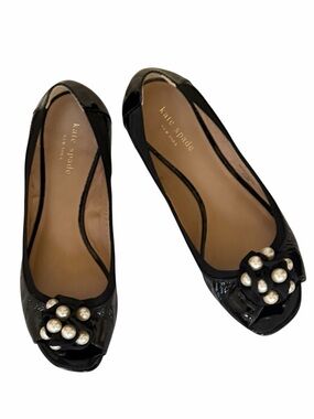 kate spade Black Patent Leather Pearl Embellished Peep-Toe Ballet Flats Size 7.5